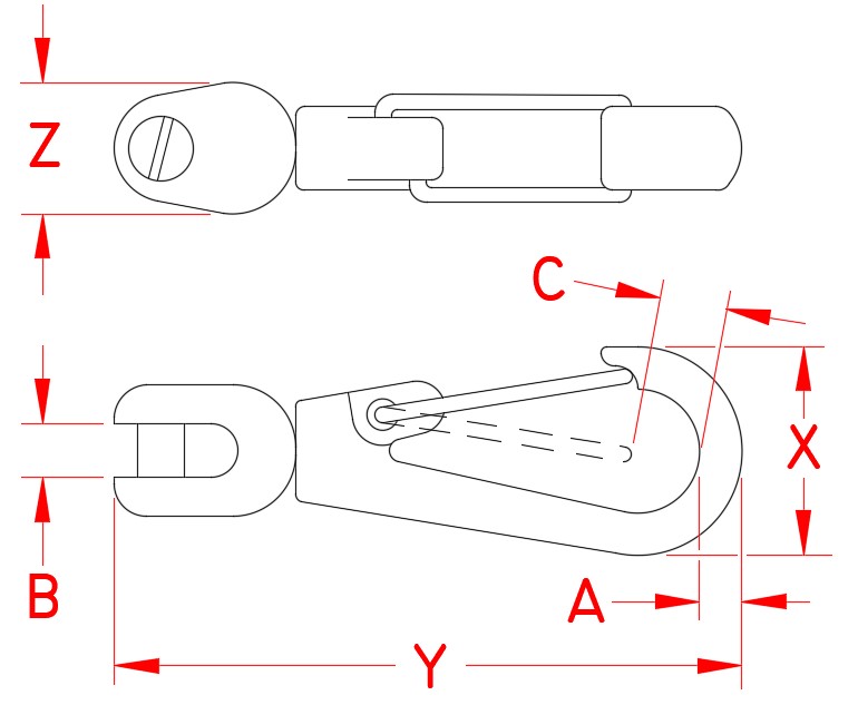 Stainless Steel Chain Swivel Snap, S0645-0005, Line Drawing Stainless Steel Chain Swivel Snap, S0645-0005, Line Drawing
